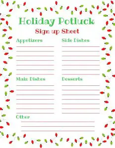 Christmas Potluck Sign Up Sheet Free Printable