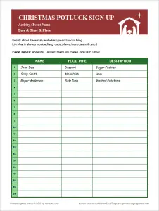 Christmas Potluck Sign Up Sheet Printable