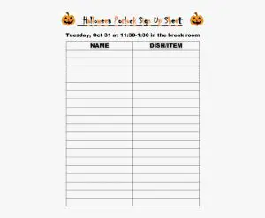 Halloween Potluck Sign Up Sheet