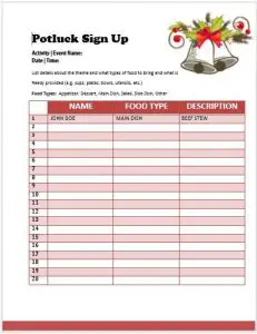 Printable Christmas Potluck Sign Up Sheet