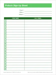 Printable Office Potluck Sign Up Sheet