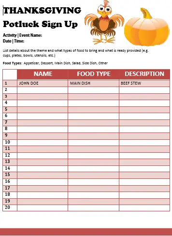 Free Printable Thanksgiving Potluck Sign Up Sheet Template