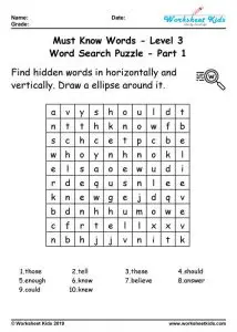 3rd Grade Level Word Search