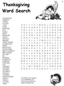 4th Grade Thanksgiving Word Search