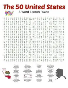 50 States Word Search Worksheet