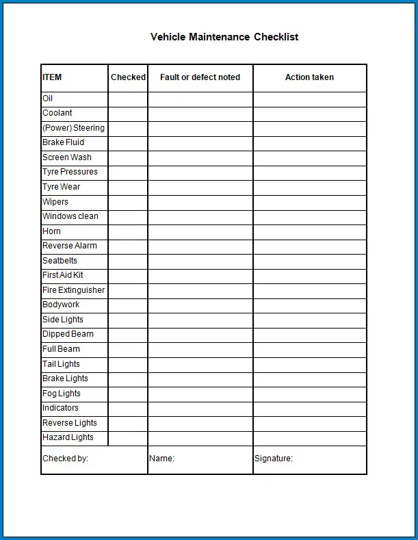 maintenance car checklist form