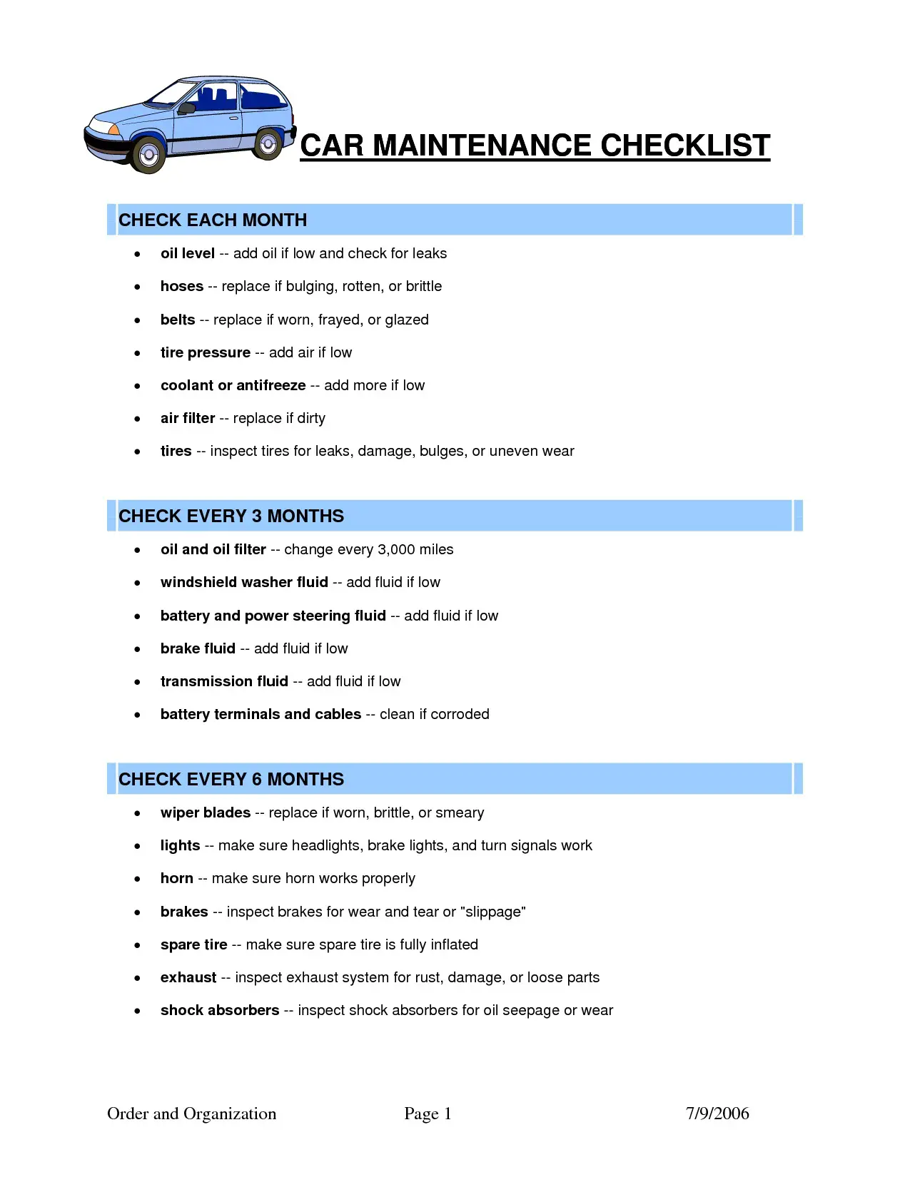 basic maintenance for car checklist