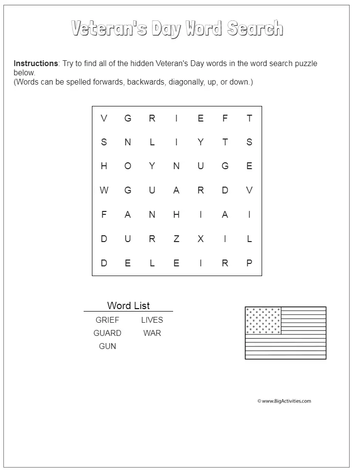 11 Engaging Veterans Day Word Searches Kitty Baby Love