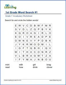First Grade Word Search Worksheet