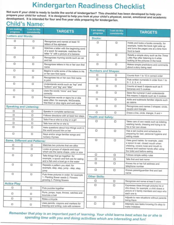 Printable Kindergarten Readiness Checklist