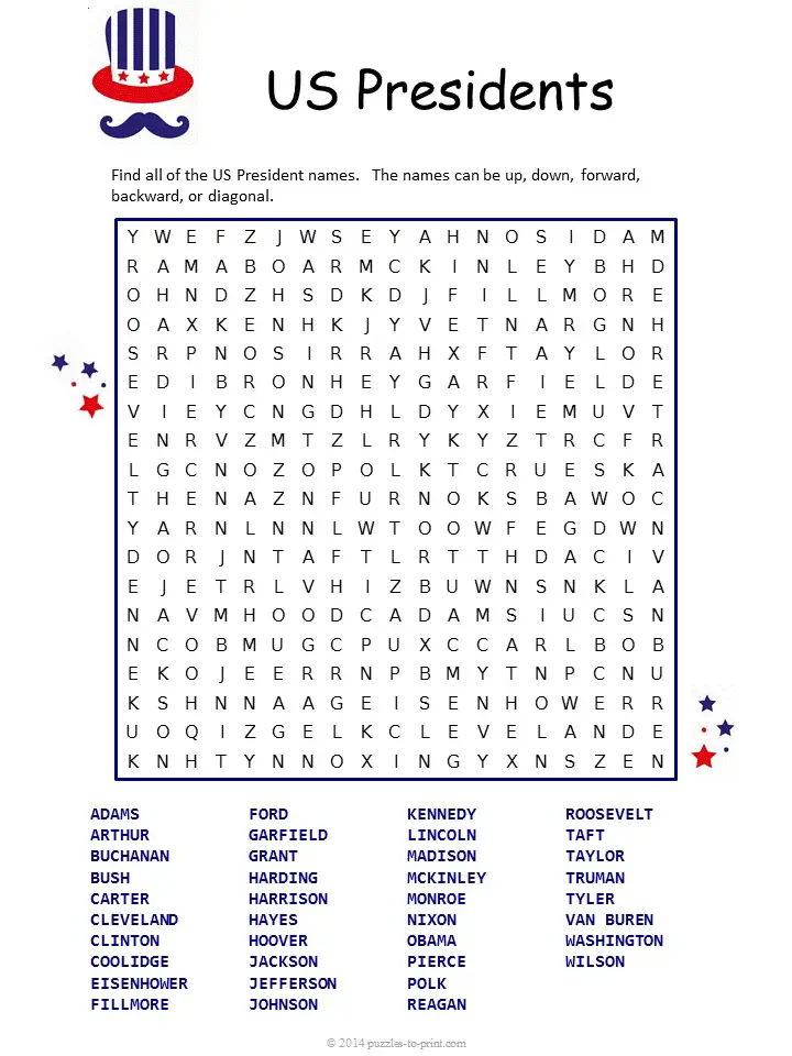 12 Engaging Presidents' Day Word Searches - Kitty Baby Love