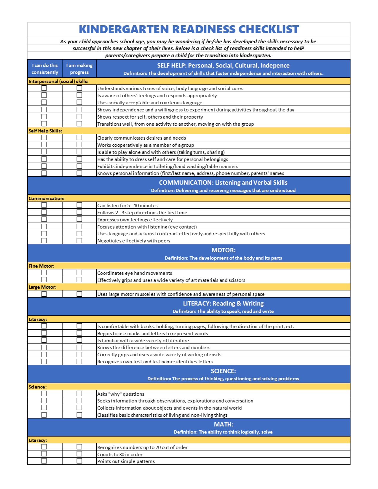 Free Printable Kindergarten Readiness Checklist