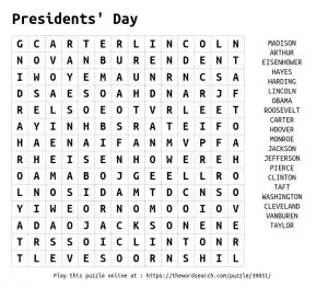 Presidents Day Word Search