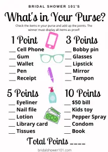 Printable Bridal Shower Games What's in Your Purse