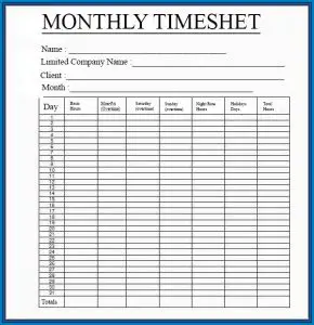 Printable Time Sheets Monthly