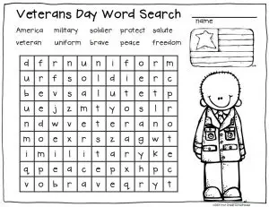 Veterans Day Word Search for First Grade