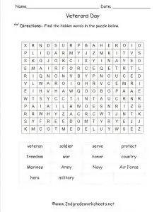 Veterans Day Word Search for Middle School