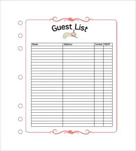 Wedding Guest List Worksheet
