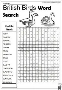 British Birds Word Search