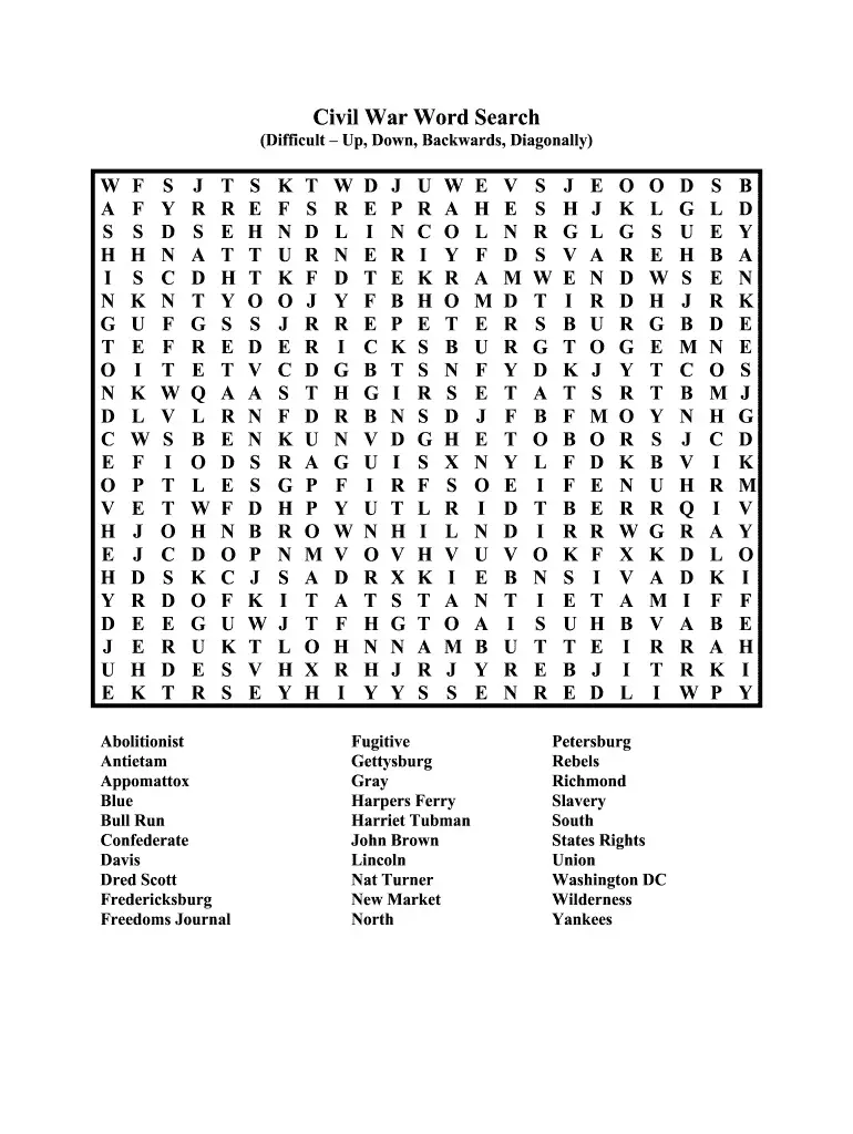 11 Civil War Word Search Puzzles Kitty Baby Love