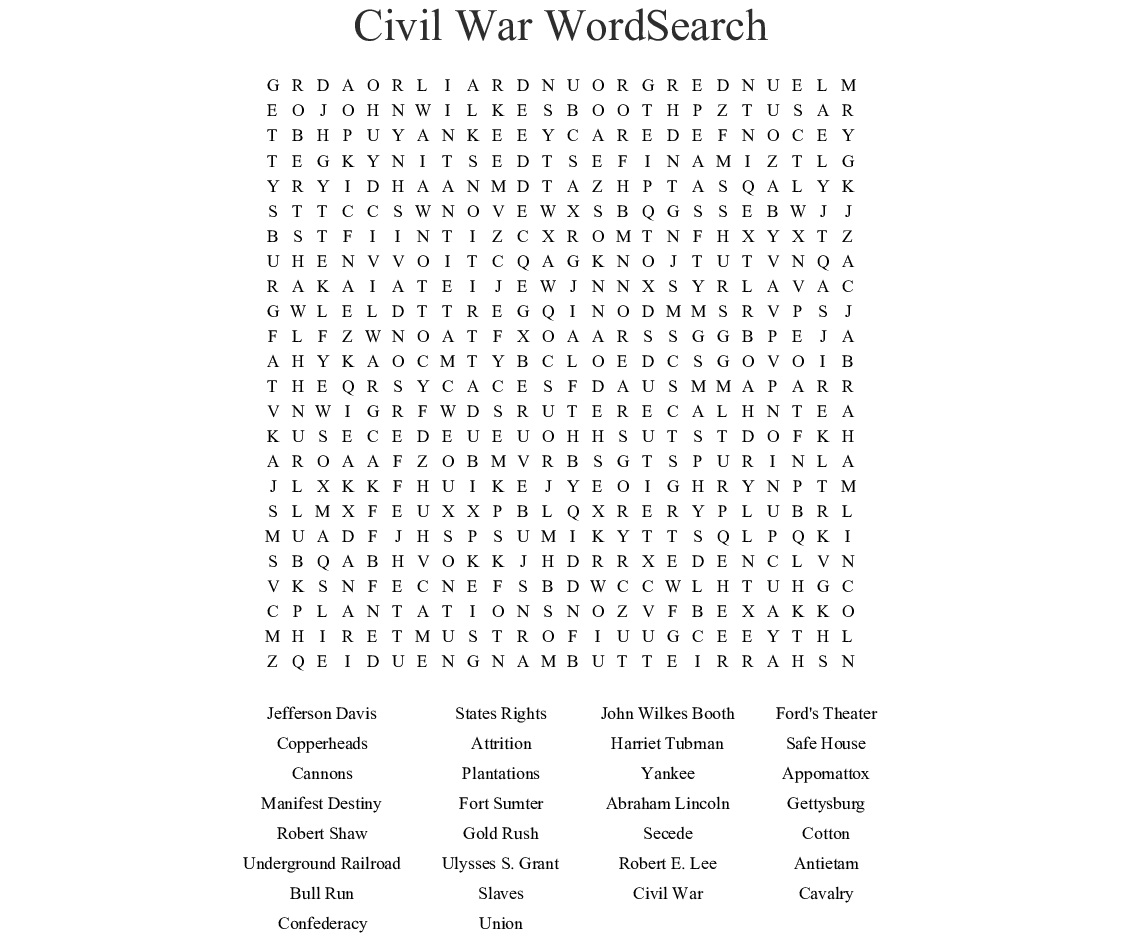 11 Civil War Word Search Puzzles Kitty Baby Love