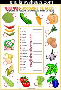 Fruits and Vegetables Unscramble Worksheet