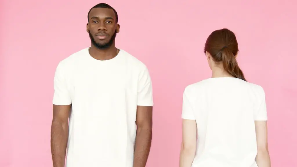 two person standing wearing blank white t shirt